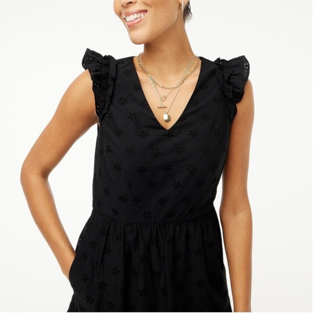 J. Crew Cotton Eyelet Midi Dress Size 2 Black Tiered Pockets Shoulder Ruffles - Picture 5 of 16